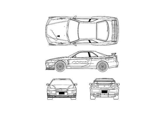 Download drawing Nissan Skyline R34 GT-R Coupe 1999 in ai pdf png
